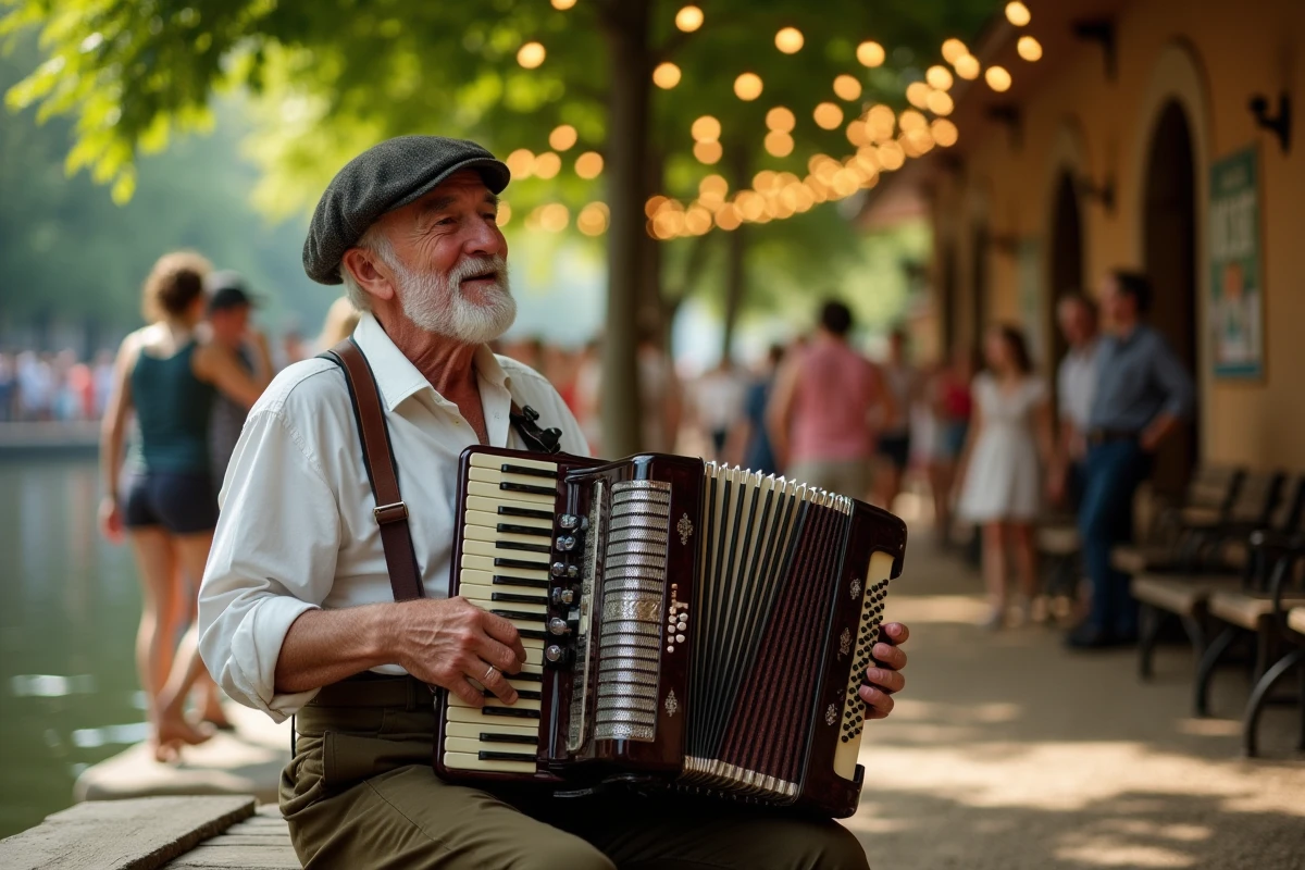 Musicien accordéoniste âgé jouant au bord de la rivière