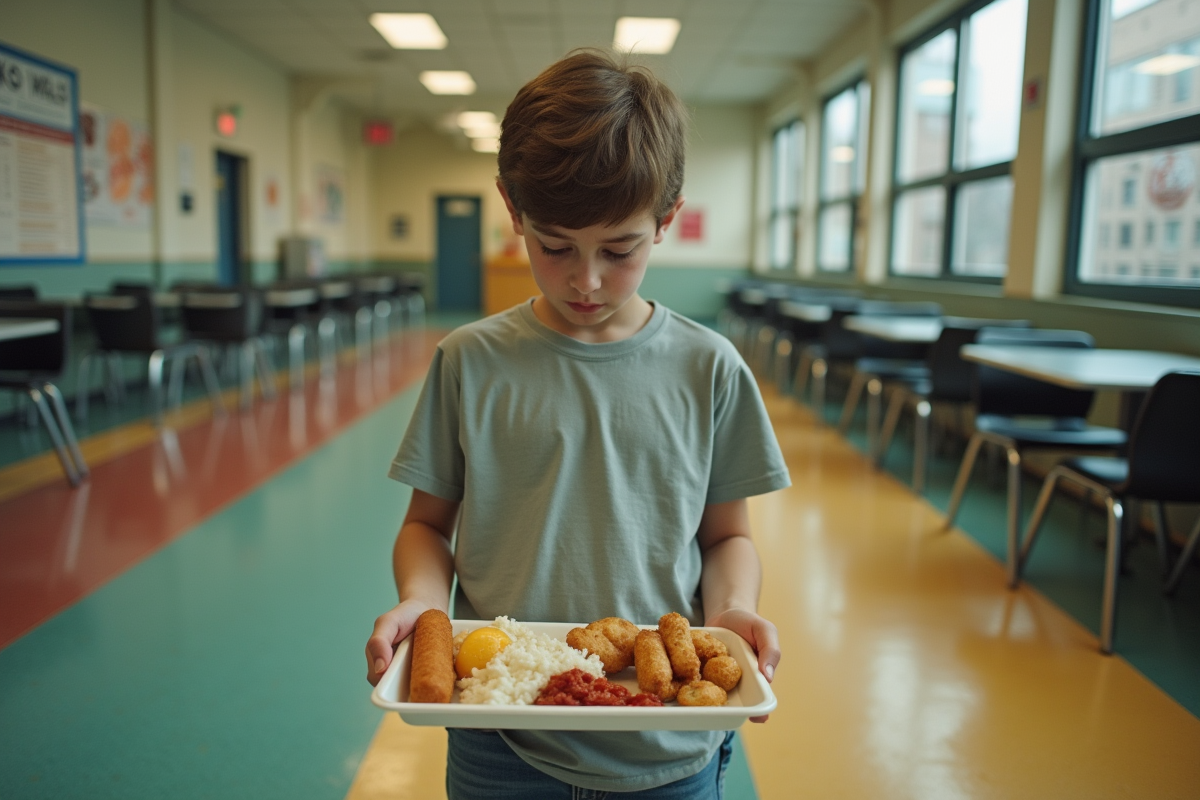 Adolescent dans la cantine scolaire avec plateau repas