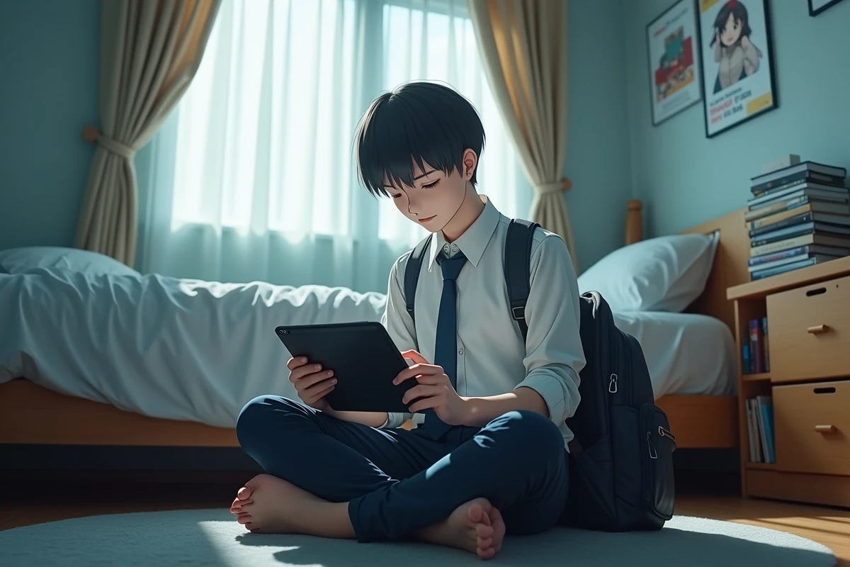 Adolescent lisant des mangas sur tablette dans sa chambre avec une connexion VPN pour sécuriser sa navigation sur les sites de scans