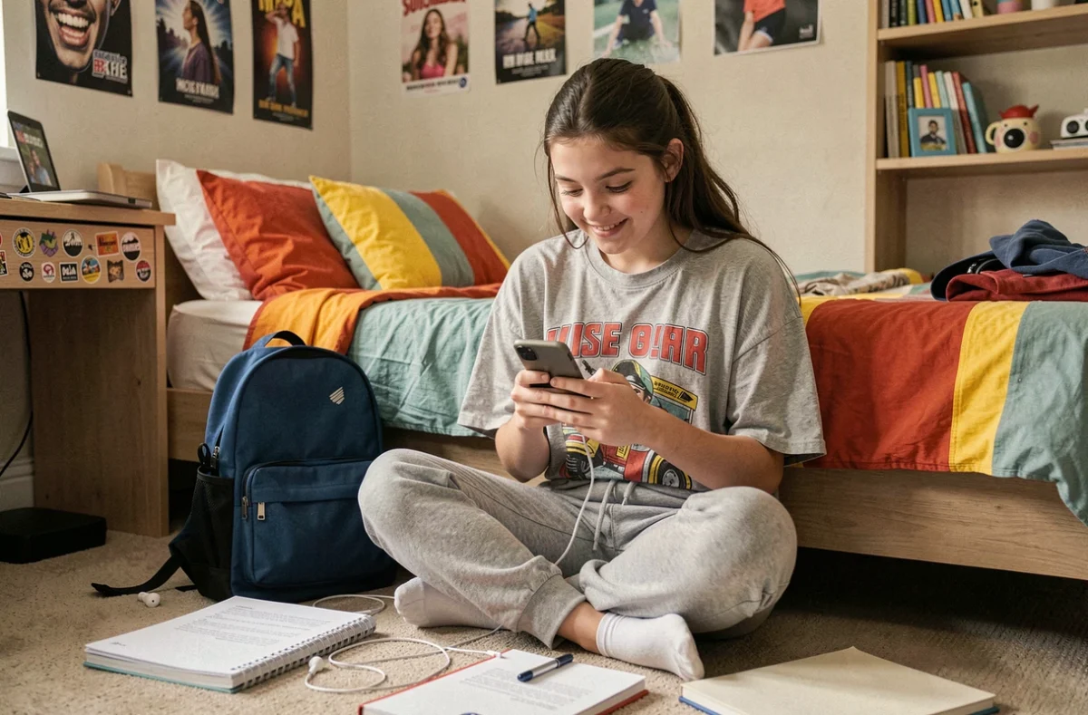 Adolescente assise dans sa chambre tapant sur son téléphone avec un sourire amusé, évoquant l'utilisation des nouveaux codes et expressions du langage des jeunes en 2026