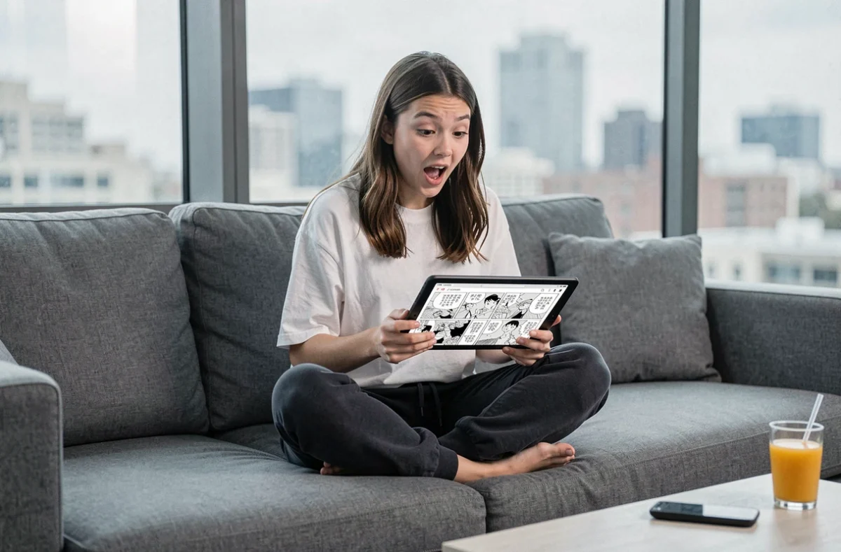 Adolescente lisant un scan de manga One Piece sur tablette dans un salon moderne