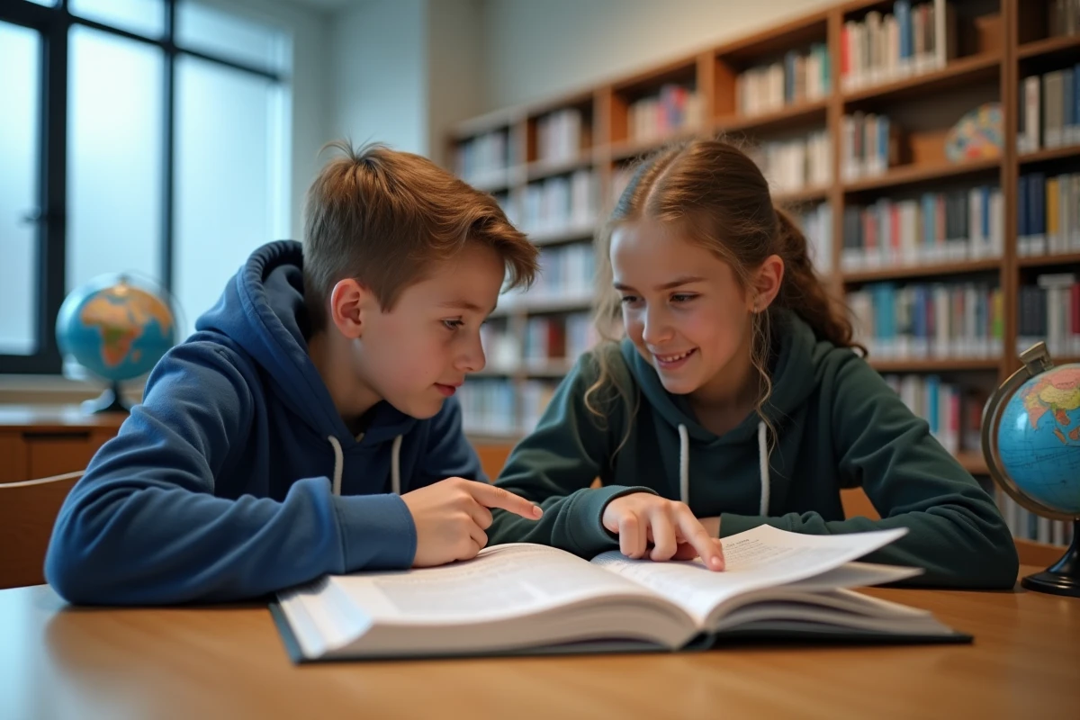 Deux adolescents comparant des noms d'étoiles dans un livre d'astronomie et une base de données en ligne à la bibliothèque