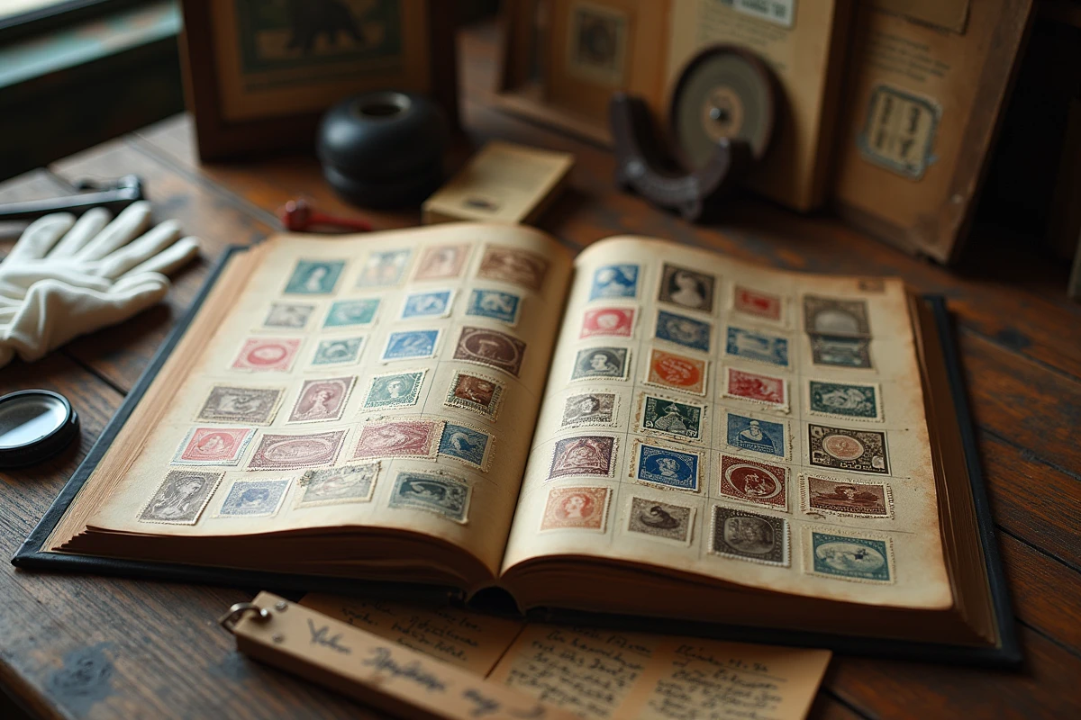Album de timbres rares ouvert avec loupe et outils d'évaluation philatélique sur une table en bois