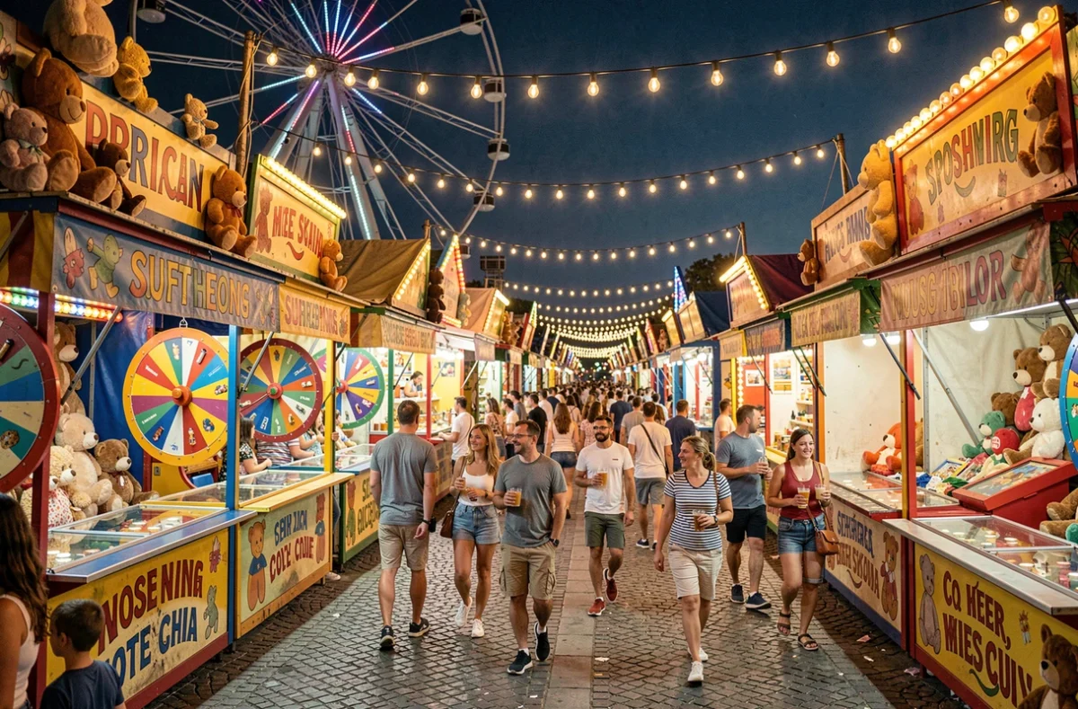 Allée animée de jeux forains à Marseille avec des stands colorés et des visiteurs en soirée