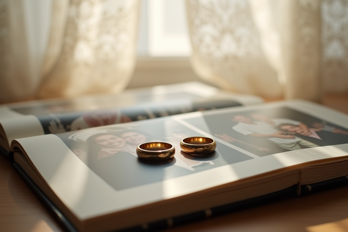 Alliances de mariage sur un album photo ancien et usé