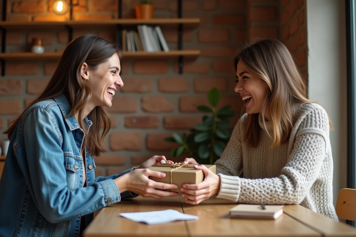 Deux amis échangeant un cadeau dans un appartement espagnol, illustrant l'usage de mil gracias pour exprimer une gratitude profonde