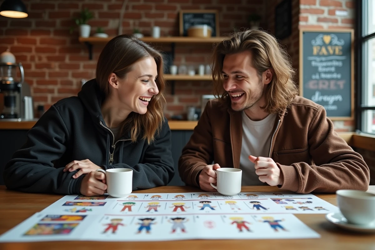 Deux amis adultes discutant des chronologies et des âges des arcs Dragon Ball autour de documents étalés dans un café