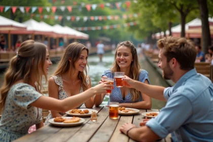 Groupe d'amis souriants trinquant à une guinguette en été