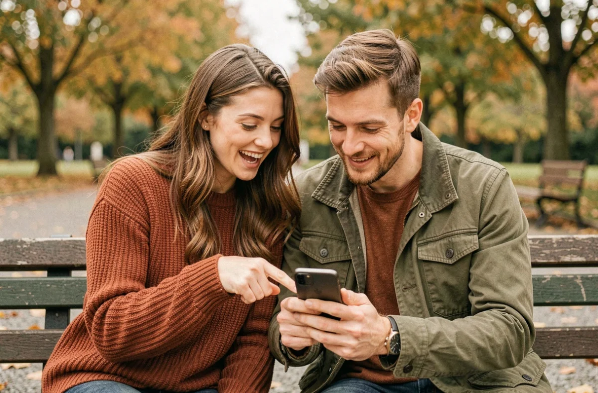 Deux amis partageant un smartphone pour jouer à des jeux mobiles ensemble dans un parc en automne