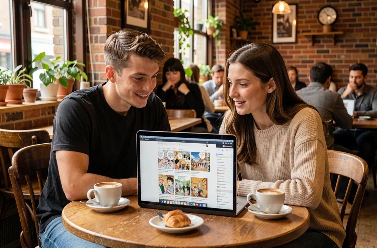 Deux jeunes adultes lisant un scan de One Piece ensemble sur ordinateur portable dans un café