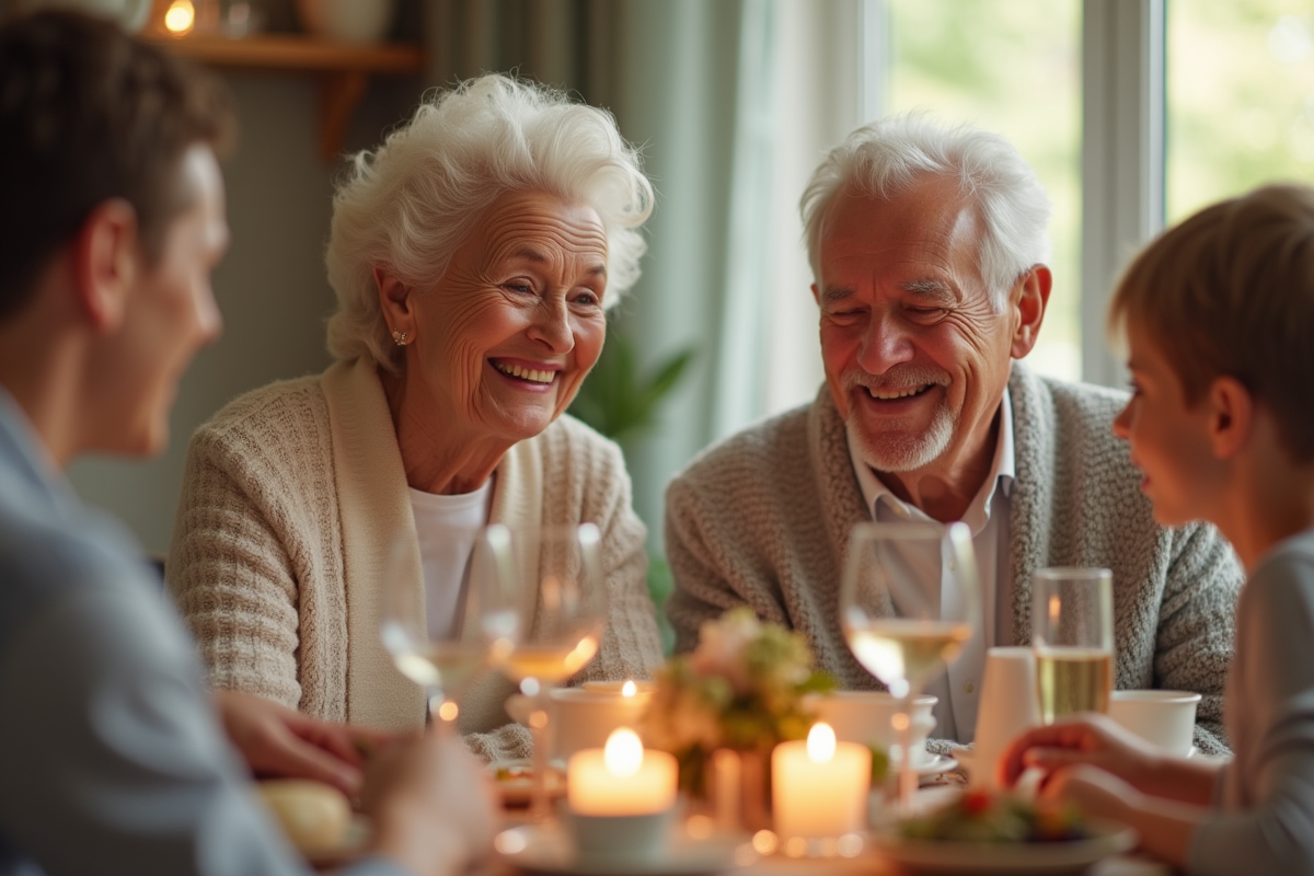 Couple agee celebrant leur anniversaire de mariage en famille