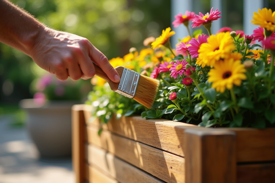 Jardinier appliquant une huile de protection sur un grand bac à fleurs en bois