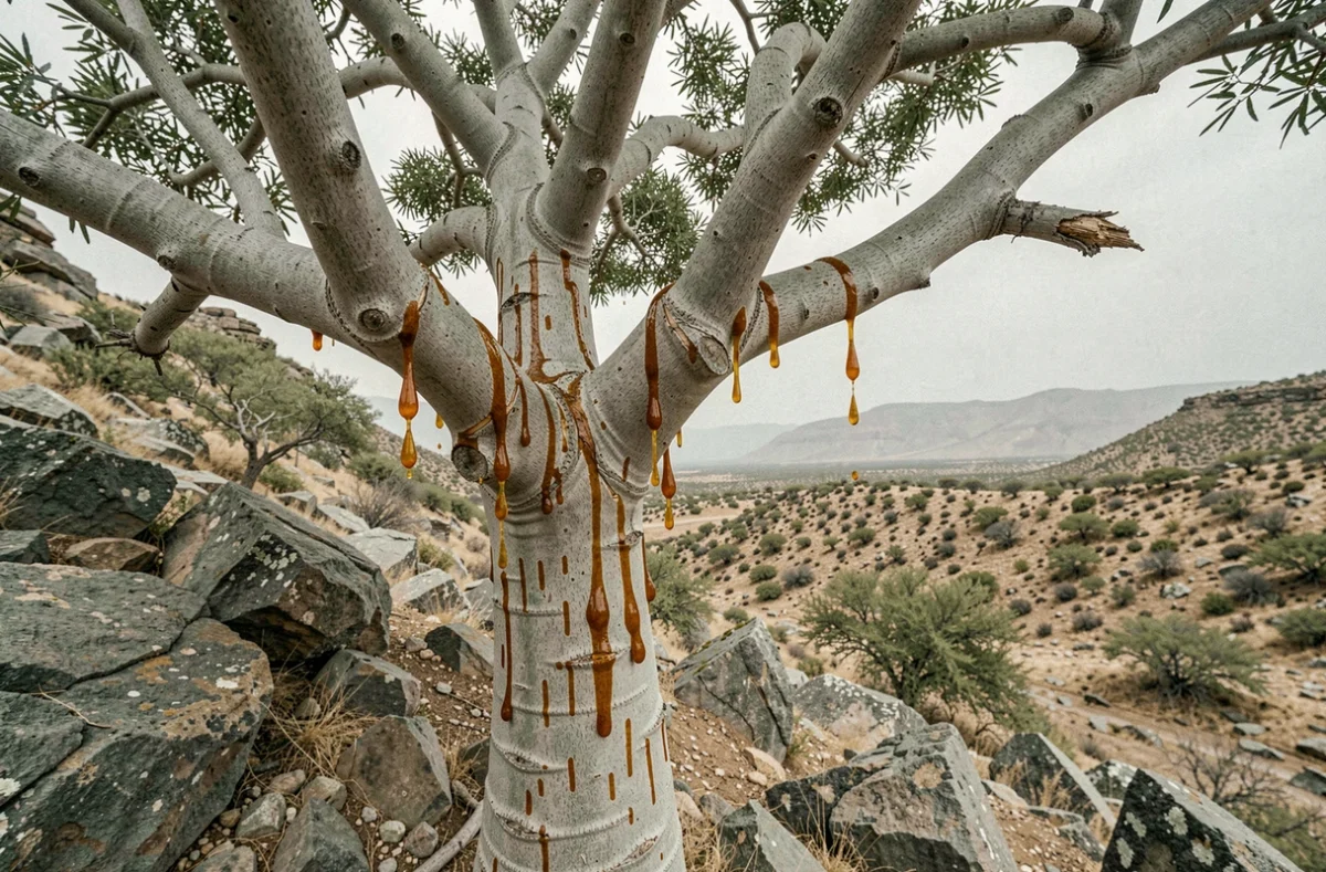 Arbre Boswellia sacra sur un flanc de colline rocailleux au Dhofar, Oman, avec de la résine de louban dorée s'écoulant naturellement des incisions dans l'écorce
