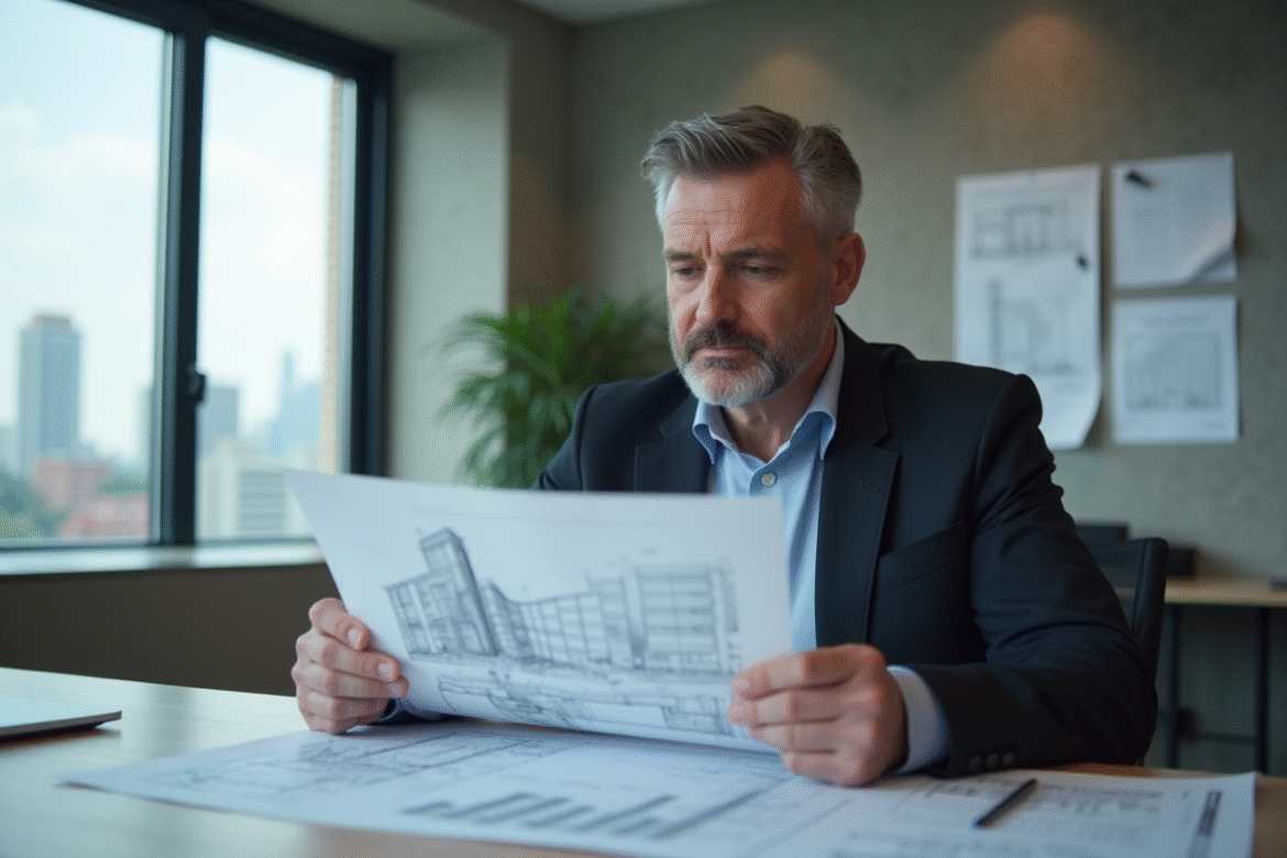 Homme professionnel examinant des plans architecturaux dans un bureau moderne