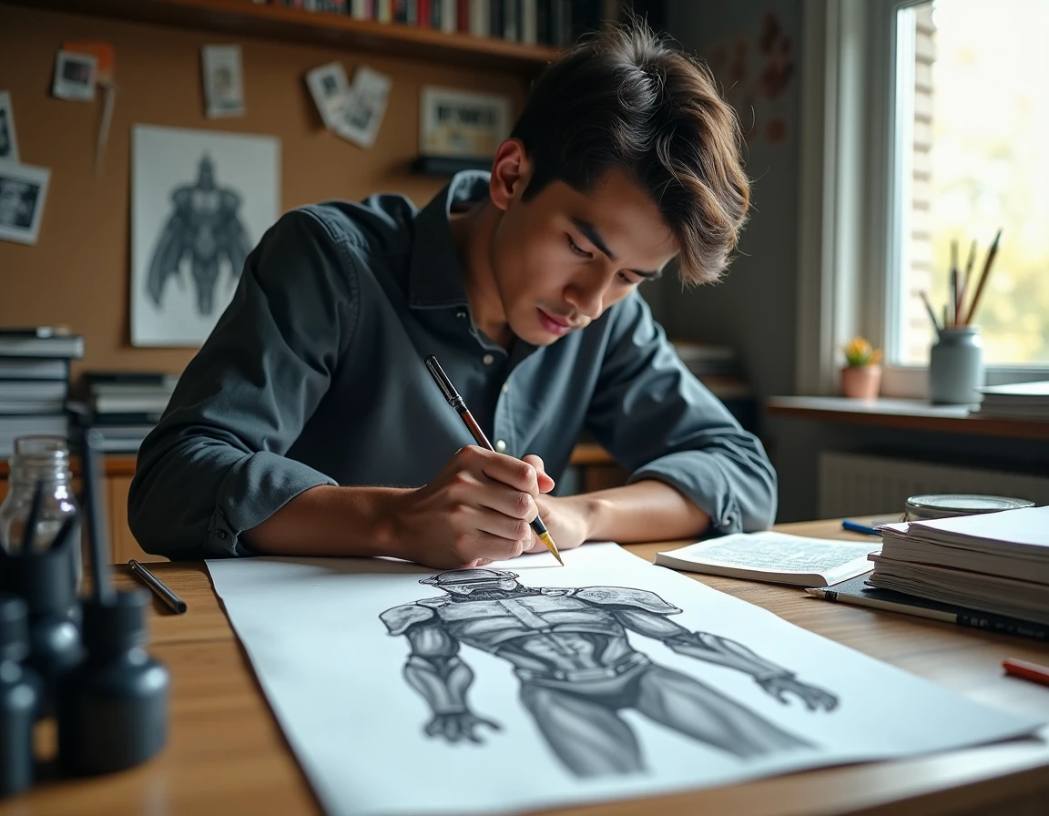 Illustrateur dessinant une étude du personnage Saint Garling Figarland de One Piece