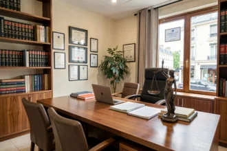 Vue d'ensemble d'un cabinet d'avocats moderne à Aubervilliers, avec des livres juridiques, une balance de la justice et un bureau en bois poli