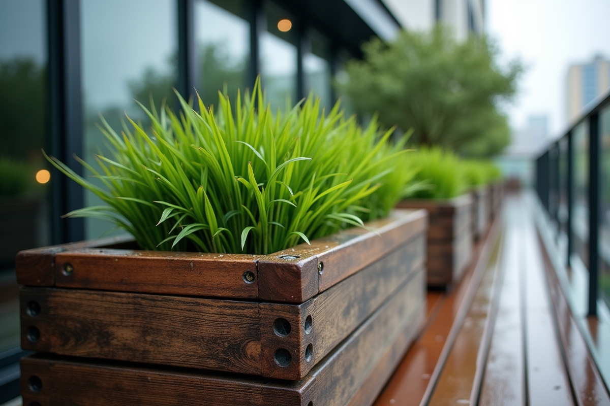 Bac à fleurs en bois sur balcon moderne avec gouttes de pluie