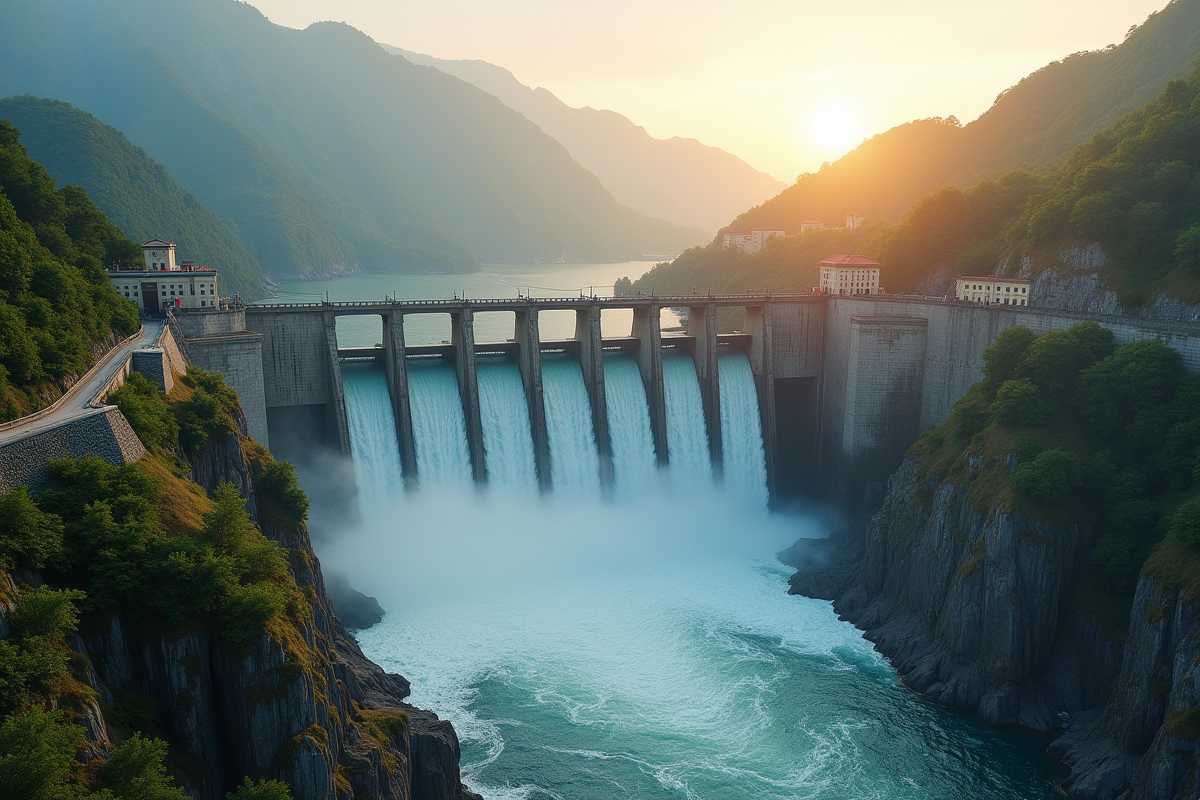Barrage hydroélectrique au lever du soleil avec turbines en action