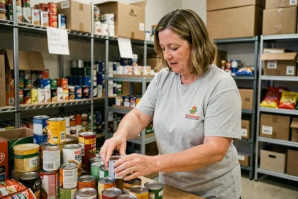 Bénévole de l'association Oasis triant des denrées alimentaires dans un centre communautaire en 2026