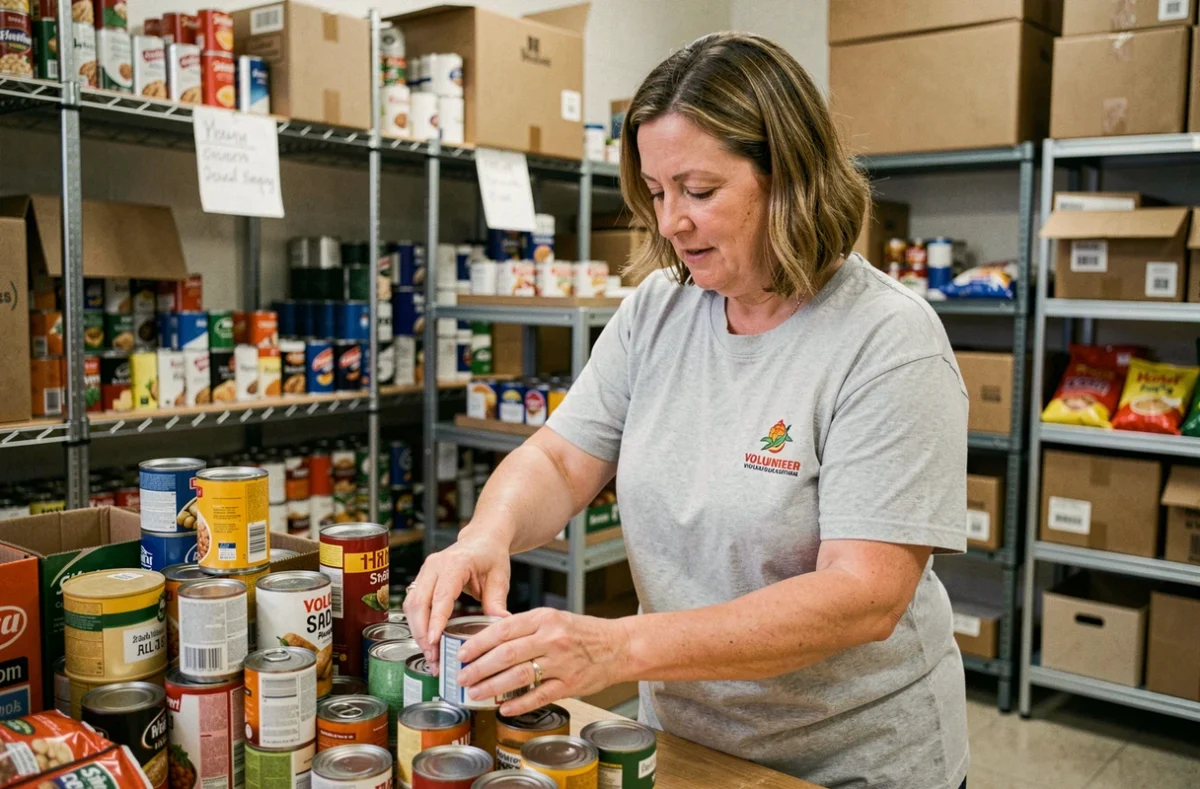 Bénévole de l'association Oasis triant des denrées alimentaires dans un centre communautaire en 2026