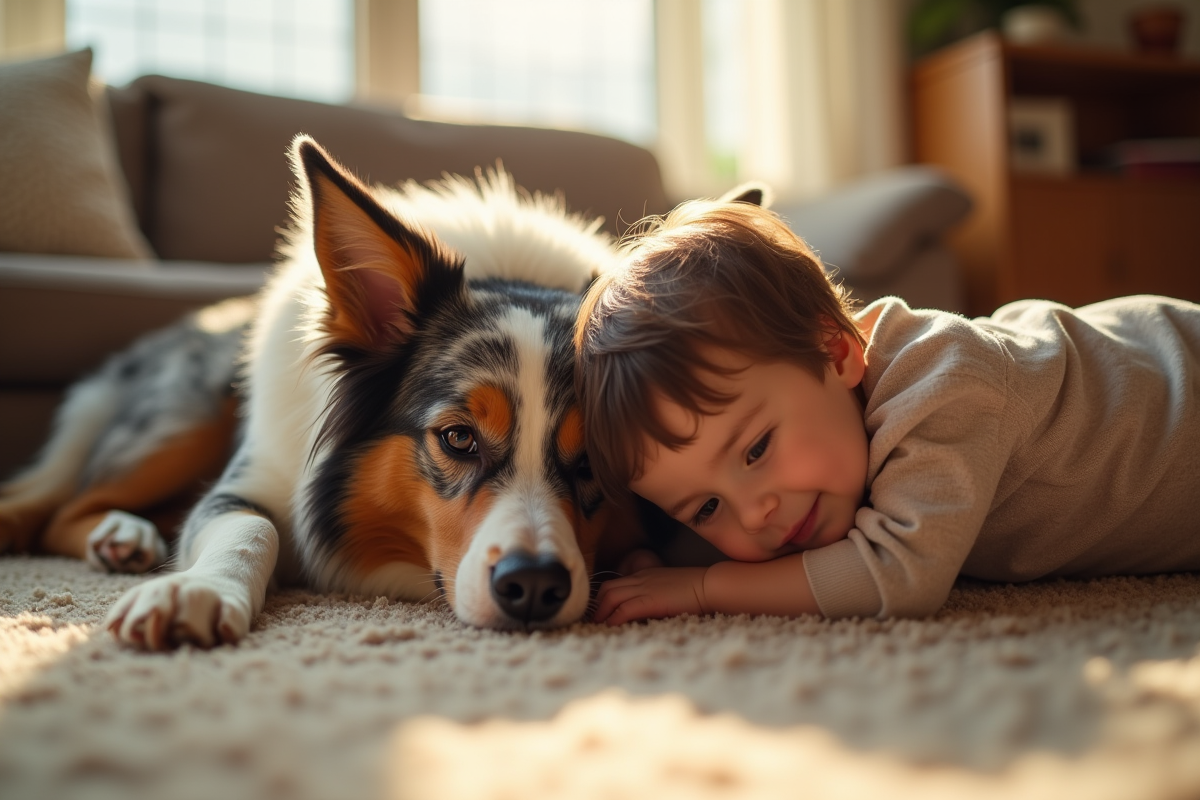 Chien berger australien câlinant un enfant dans le salon