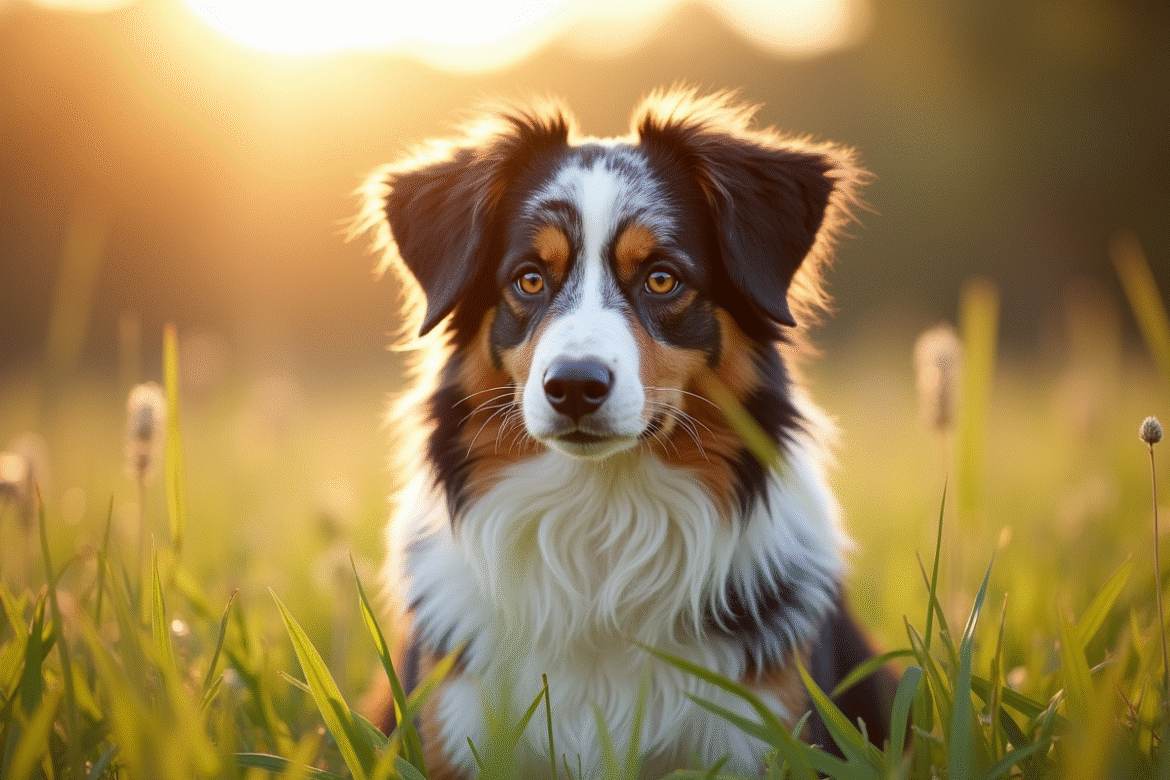Chien berger australien tricolore en plein air ensoleille