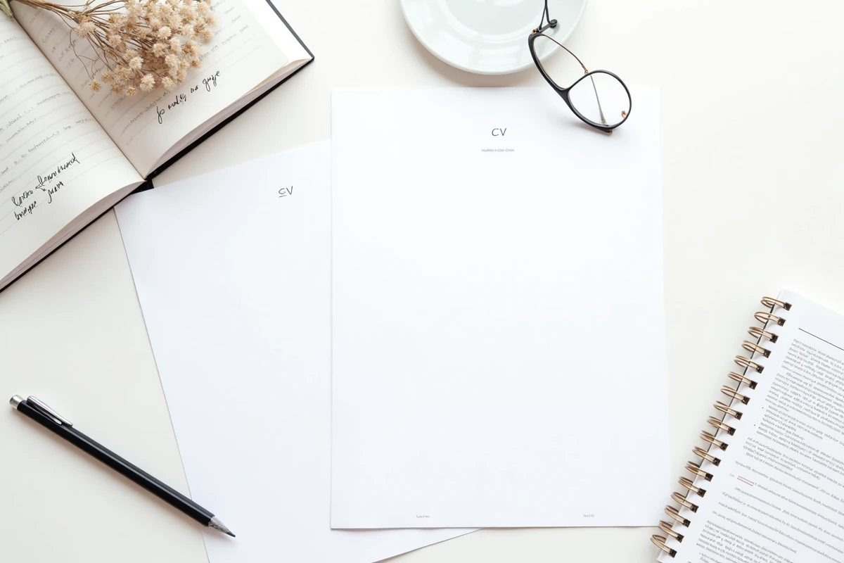 Vue de dessus d'un bureau avec CV imprimé, lettre de motivation et annotations sur les polices de caractères idéales