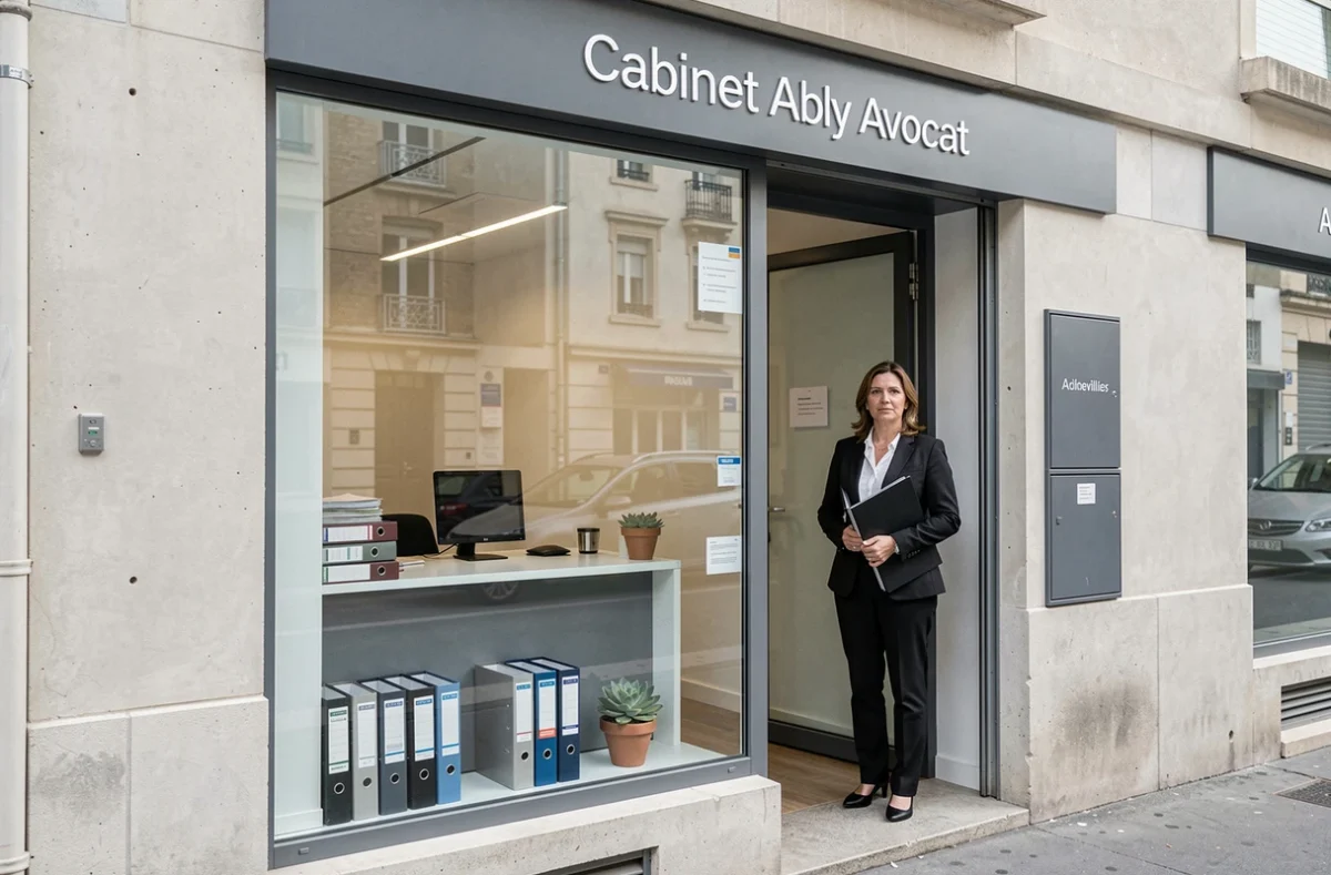 Devanture moderne du Cabinet Ably Avocat à Aubervilliers, avec une avocate en blazer noir près de l'entrée tenant un dossier juridique