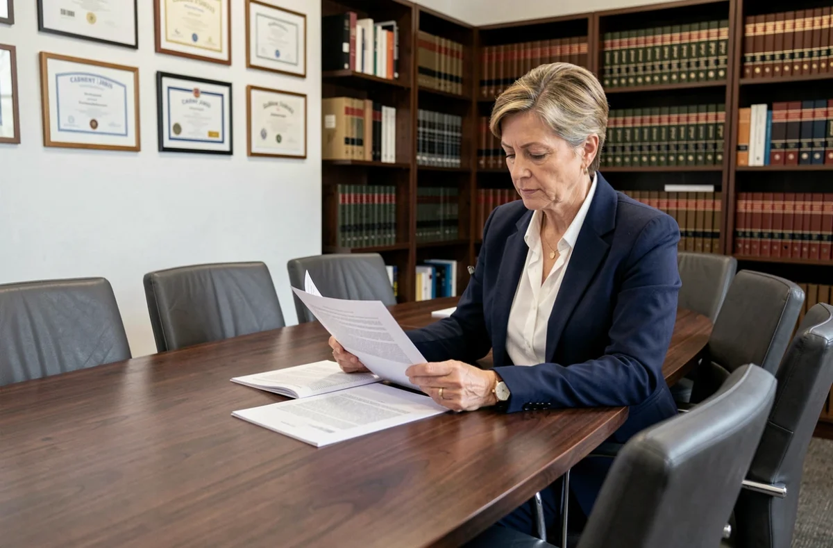 Salle de conférence du Cabinet Juris à Aubervilliers, avec une avocate en blazer marine examinant des documents juridiques autour d'une table en noyer