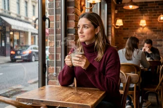 Femme tenant un café chaud dans un bistrot cosy de Toulouse sous la pluie, ambiance chaleureuse et authentique