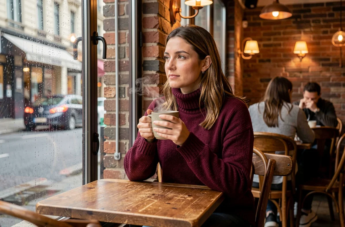 Femme tenant un café chaud dans un bistrot cosy de Toulouse sous la pluie, ambiance chaleureuse et authentique