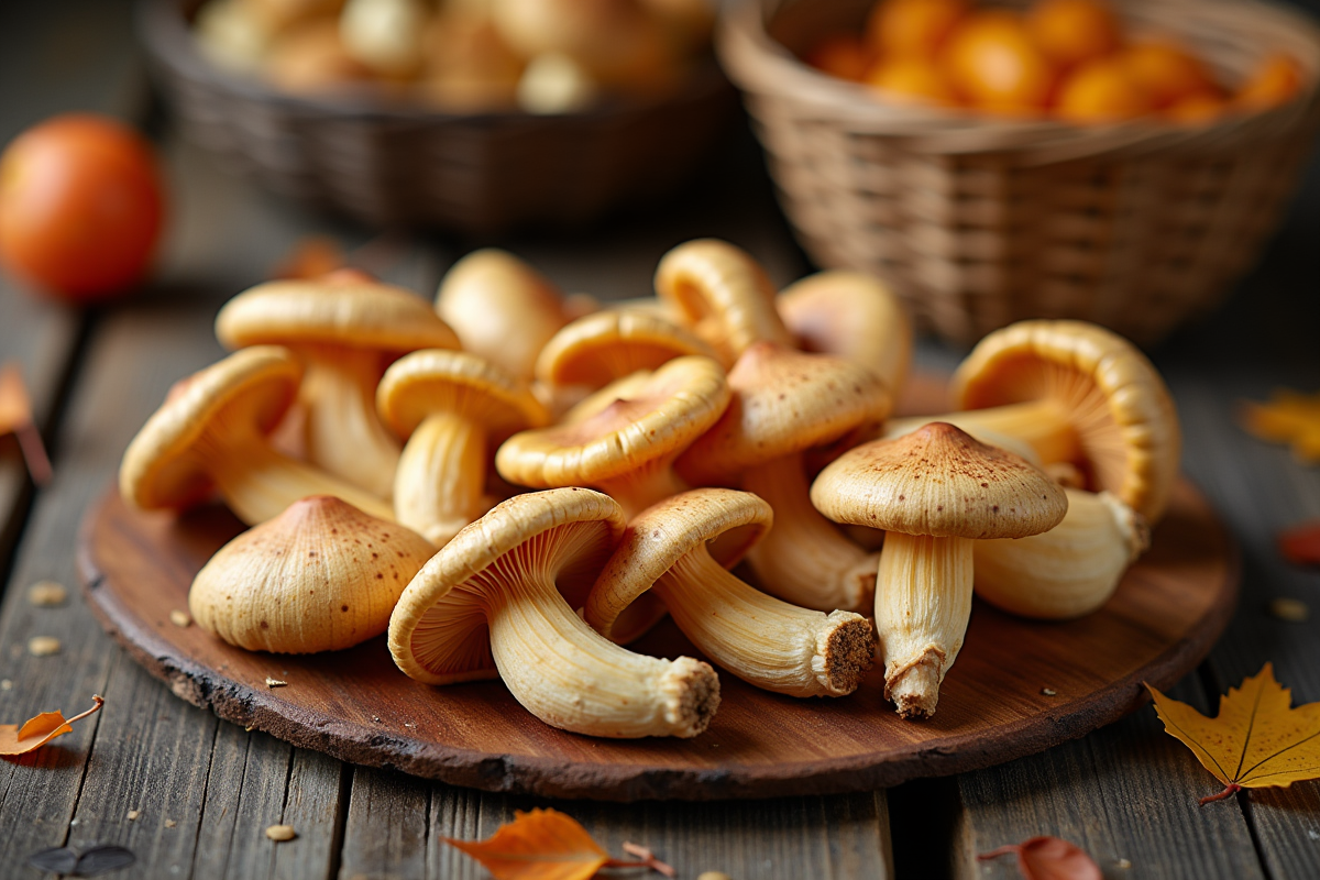 Champignons tubaeformis frais sur une table en bois