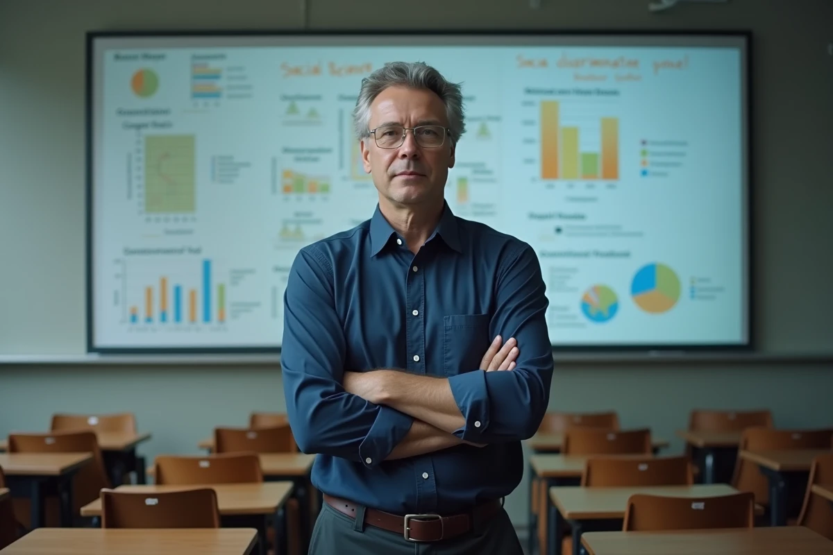 Chercheur en sciences sociales devant un tableau universitaire présentant des données sur les effets des blagues racistes