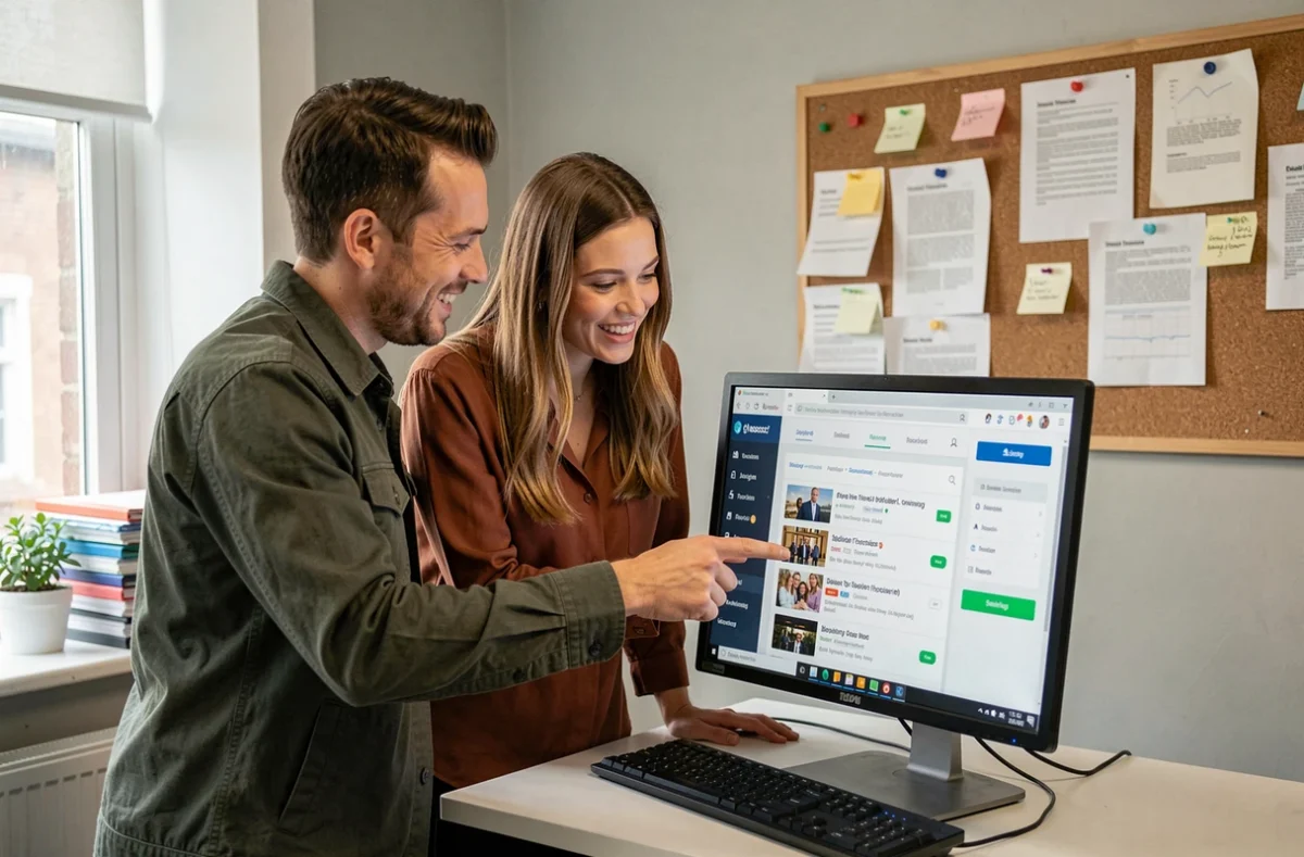Deux collaborateurs d'une association culturelle explorant ensemble les ressources de webassoc culture web sur un ordinateur de bureau