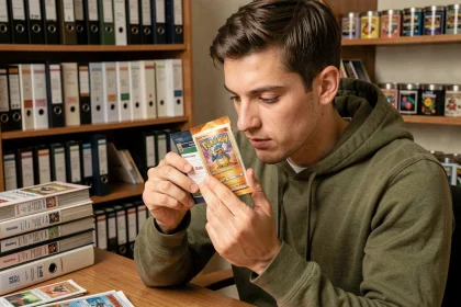 Collectionneur de cartes Pokémon examinant un booster pack scellé pour investissement en 2026