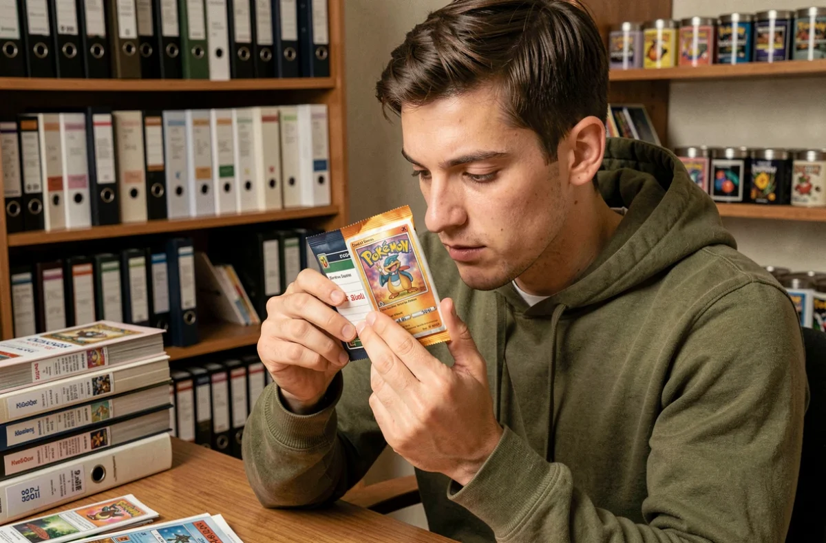 Collectionneur de cartes Pokémon examinant un booster pack scellé pour investissement en 2026