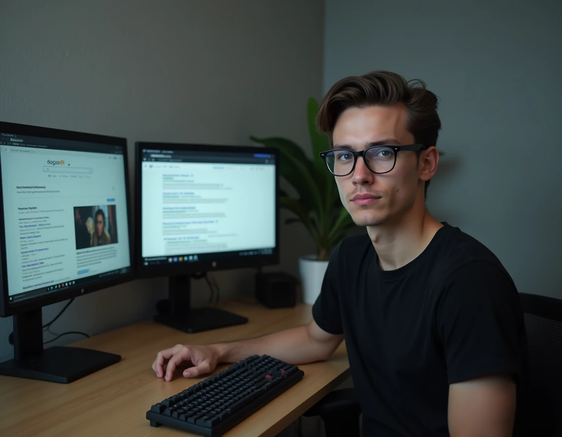 Jeune homme comparant des liens et adresses de sites de films sur deux écrans d'ordinateur
