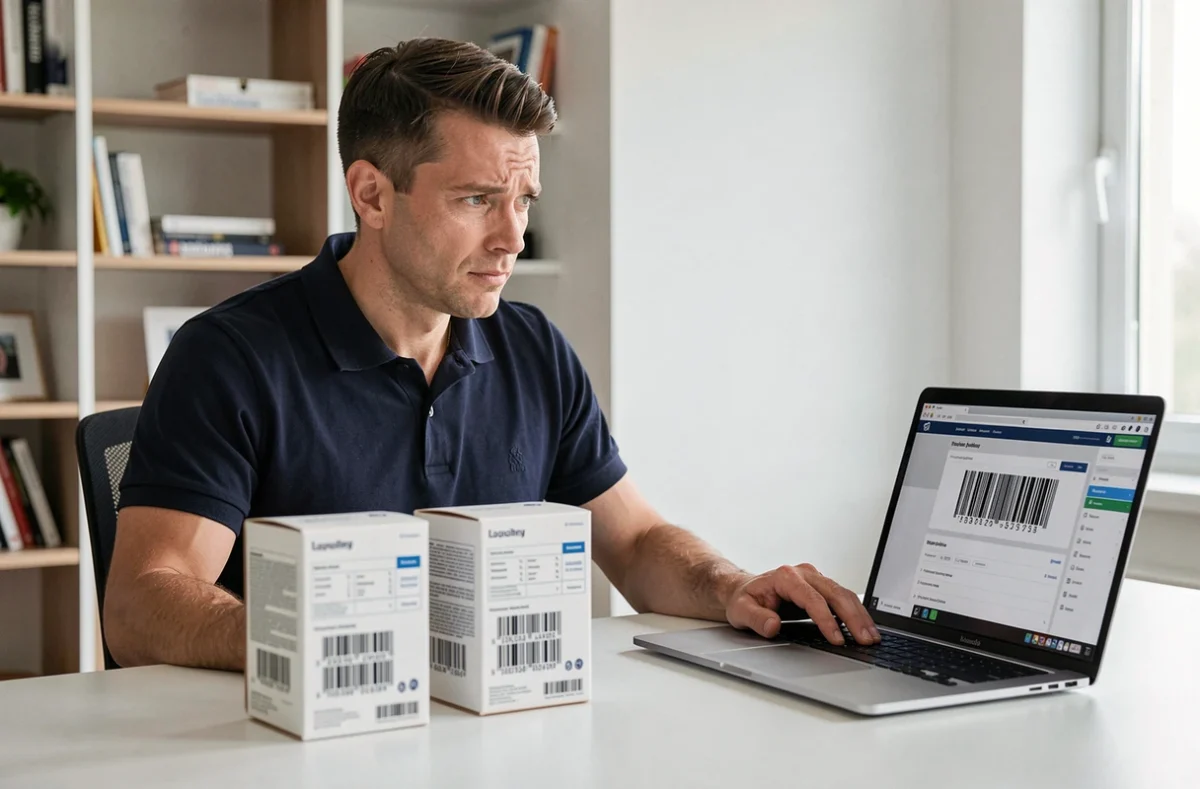 Homme comparant deux produits avec codes-barres différents devant un ordinateur portable affichant un site de vérification d'origine