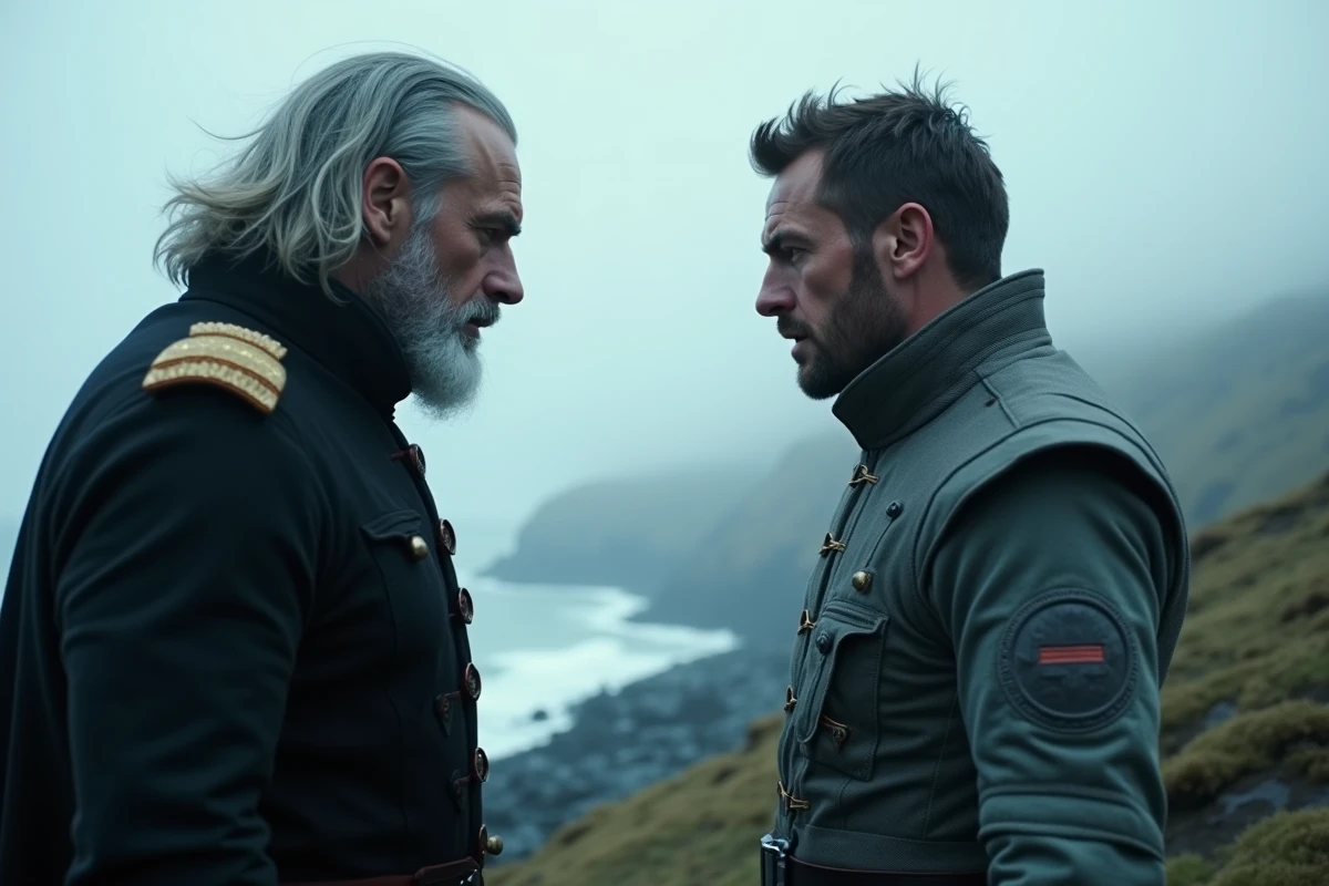 Deux cosplayers représentant le conflit idéologique entre Eldiens et Marliens face à face sur une falaise côtière brumeuse