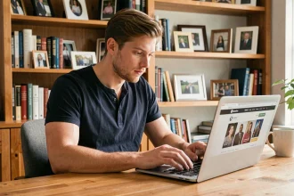 Jeune homme consultant le site fan jacksonrathbone.fr sur un ordinateur portable dans un bureau chaleureux