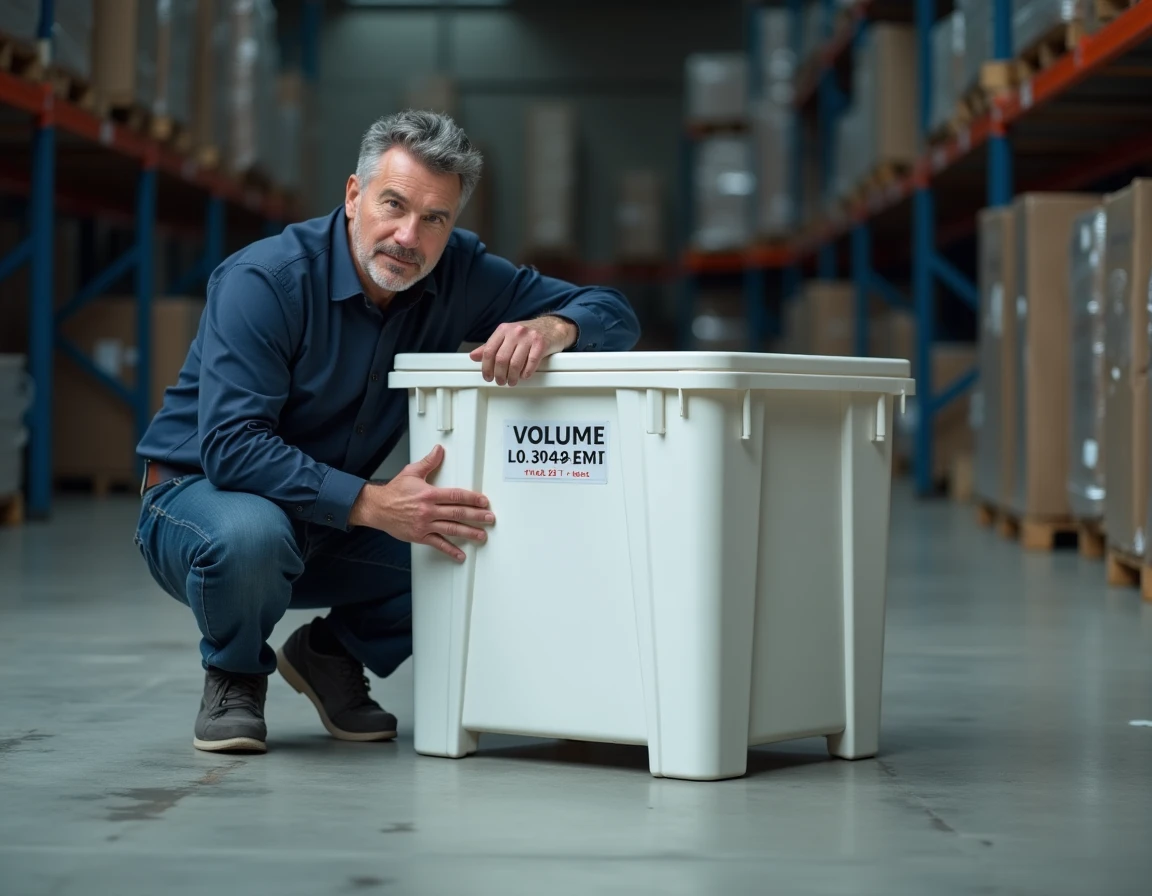 Homme comparant des unités de volume en litres et mètres cubes sur un grand conteneur dans un entrepôt industriel
