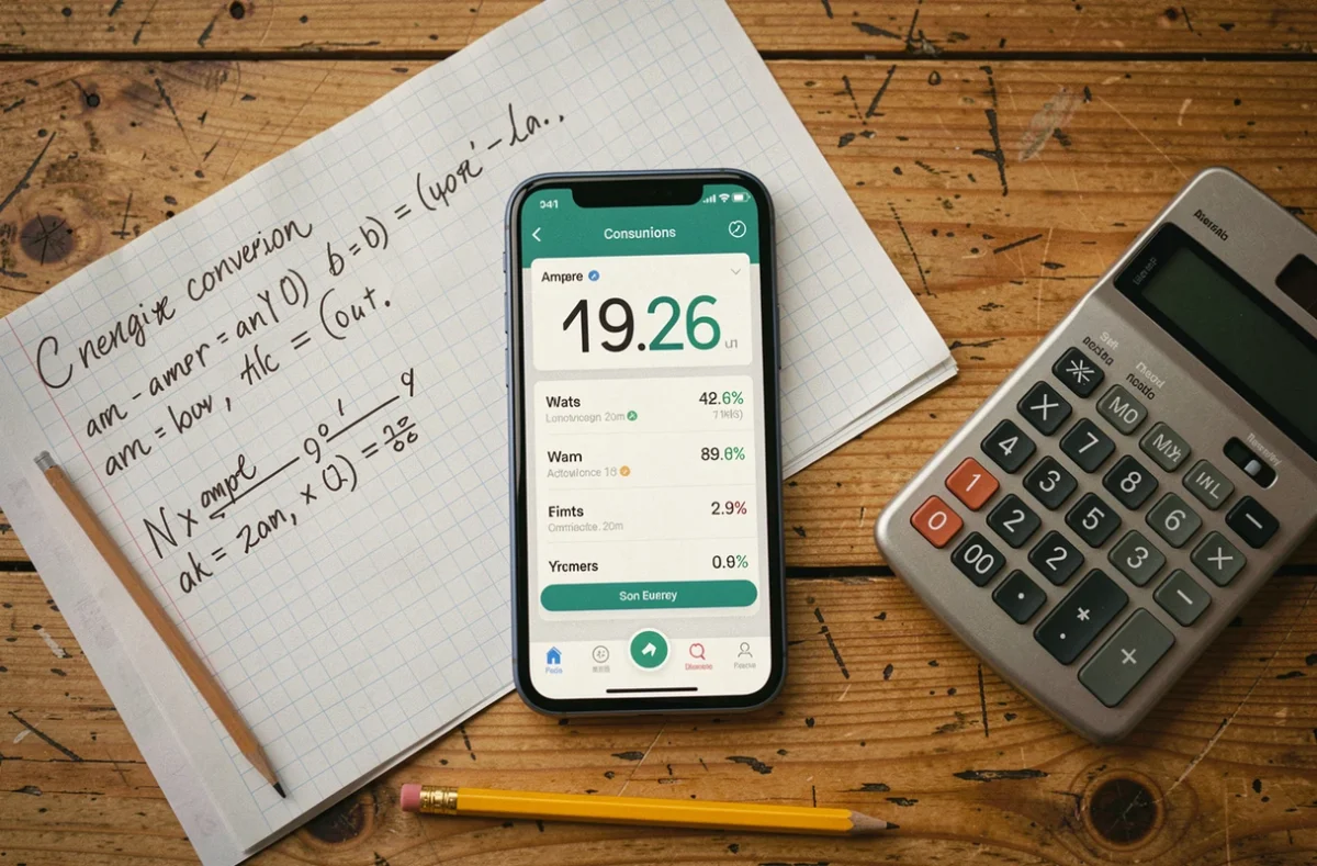Smartphone affichant une application de consommation électrique avec des formules de conversion ampères en watts sur du papier quadrillé