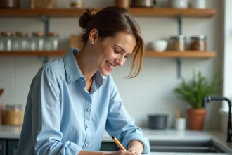 Femme notant une conversion litres en mètres cubes dans un carnet dans sa cuisine