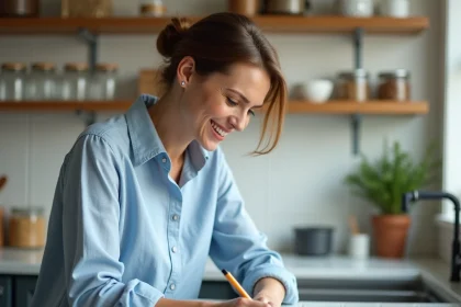 Femme notant une conversion litres en mètres cubes dans un carnet dans sa cuisine