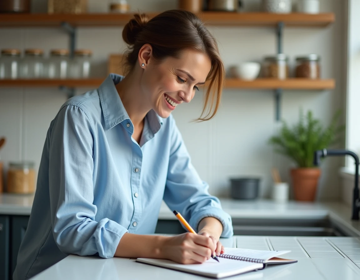 Femme notant une conversion litres en mètres cubes dans un carnet dans sa cuisine
