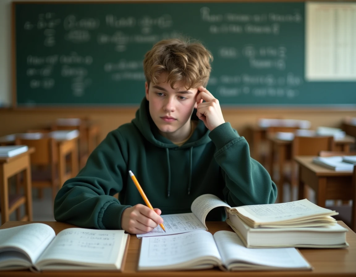 Élève en train de résoudre mentalement une conversion de litres en mètres cubes dans une salle de classe