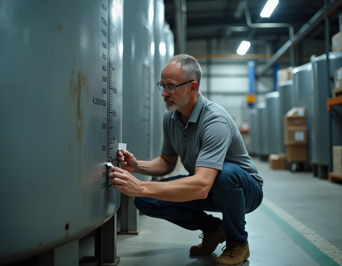 Technicien calculant mentalement la conversion de litres en mètres cubes sur une cuve industrielle