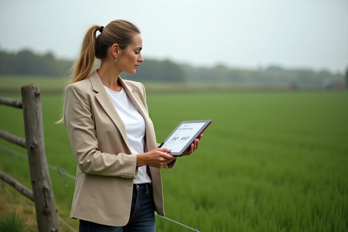 Femme utilisant un convertisseur de surface m2 en hectares sur tablette devant un terrain agricole