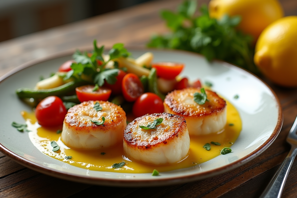 Coquilles pansees avec sauce citron beurre et vegetables