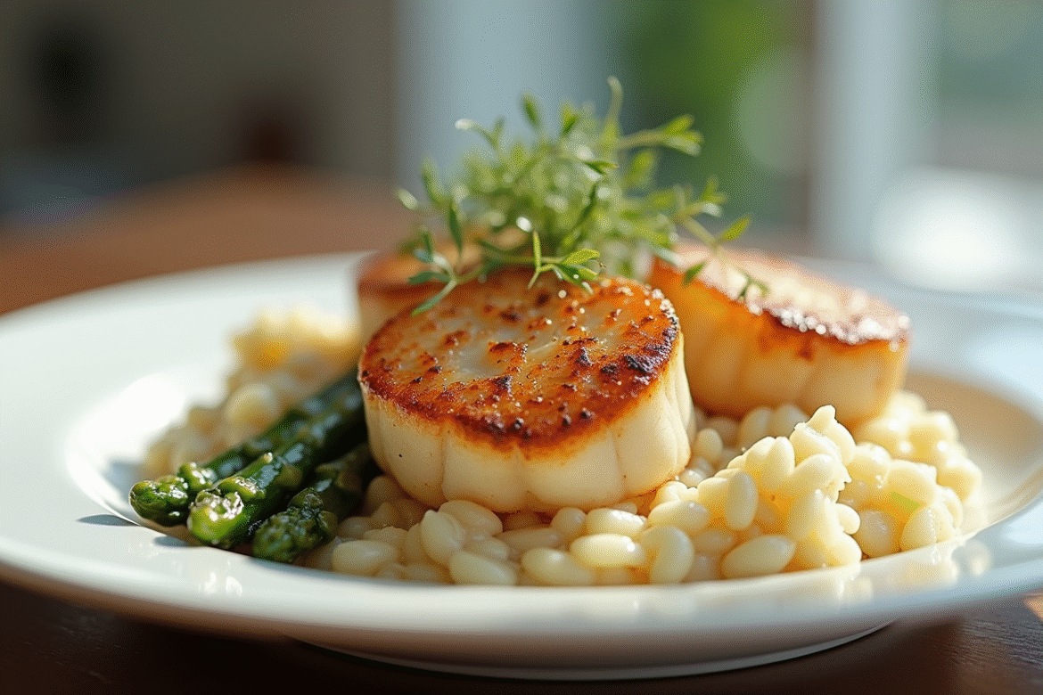 Coquilles sechees dorées sur assiette blanche avec risotto